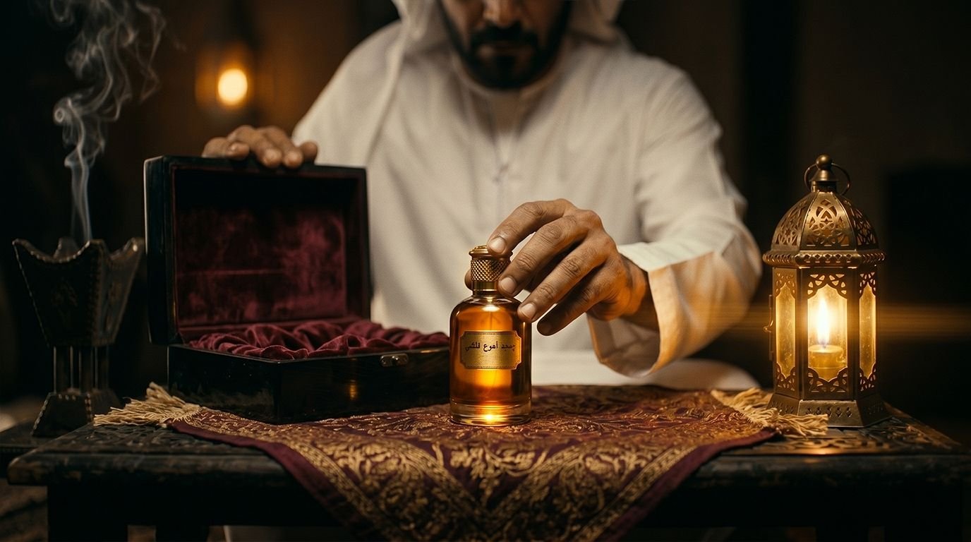 Cinematic AI-enhanced product photography of a luxury oud perfume bottle in a Gulf setting, Ahlan Films Dubai