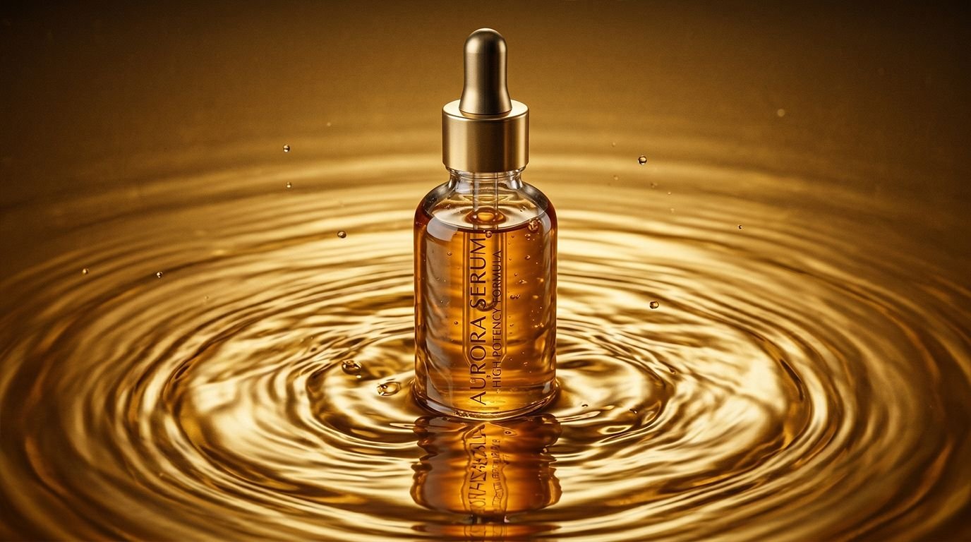 AI-generated skincare serum photography with golden liquid ripple effect and cinematic lighting