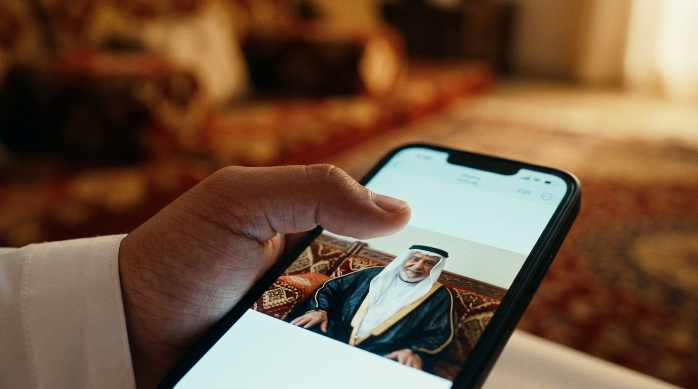 AI-retouched corporate portrait of a Gulf businessman in traditional dress, natural skin tones and cinematic color grade