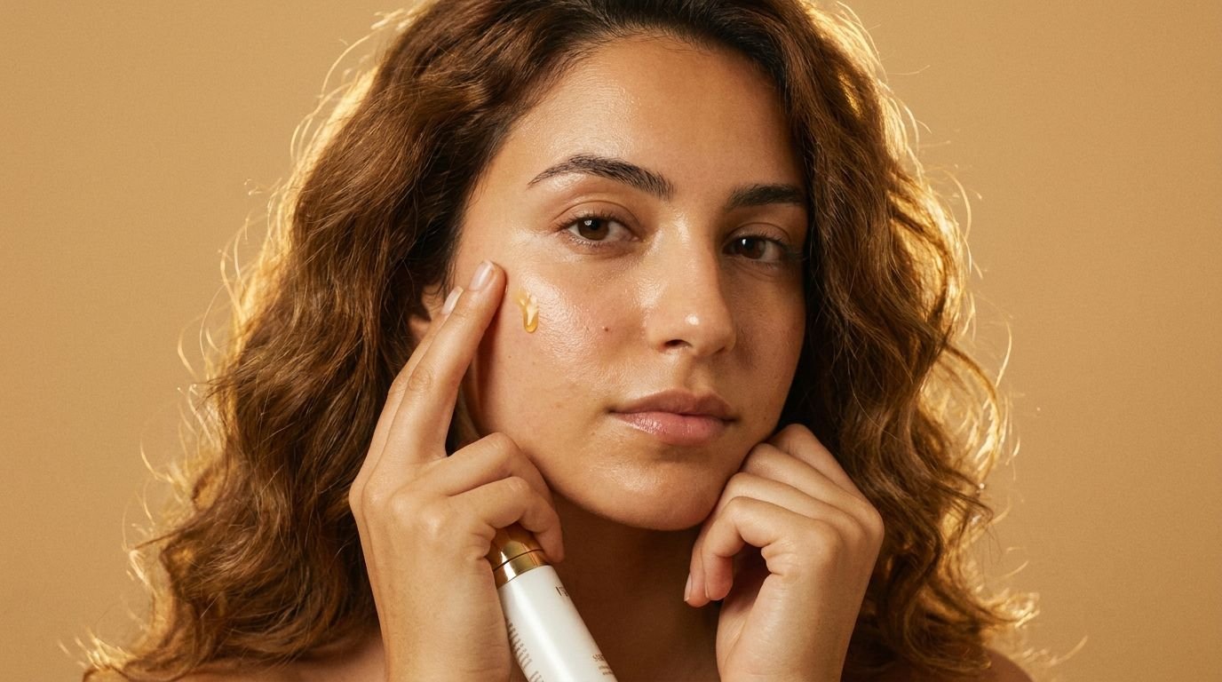 AI-enhanced beauty photography of a model applying skincare serum, golden lighting and retouched skin