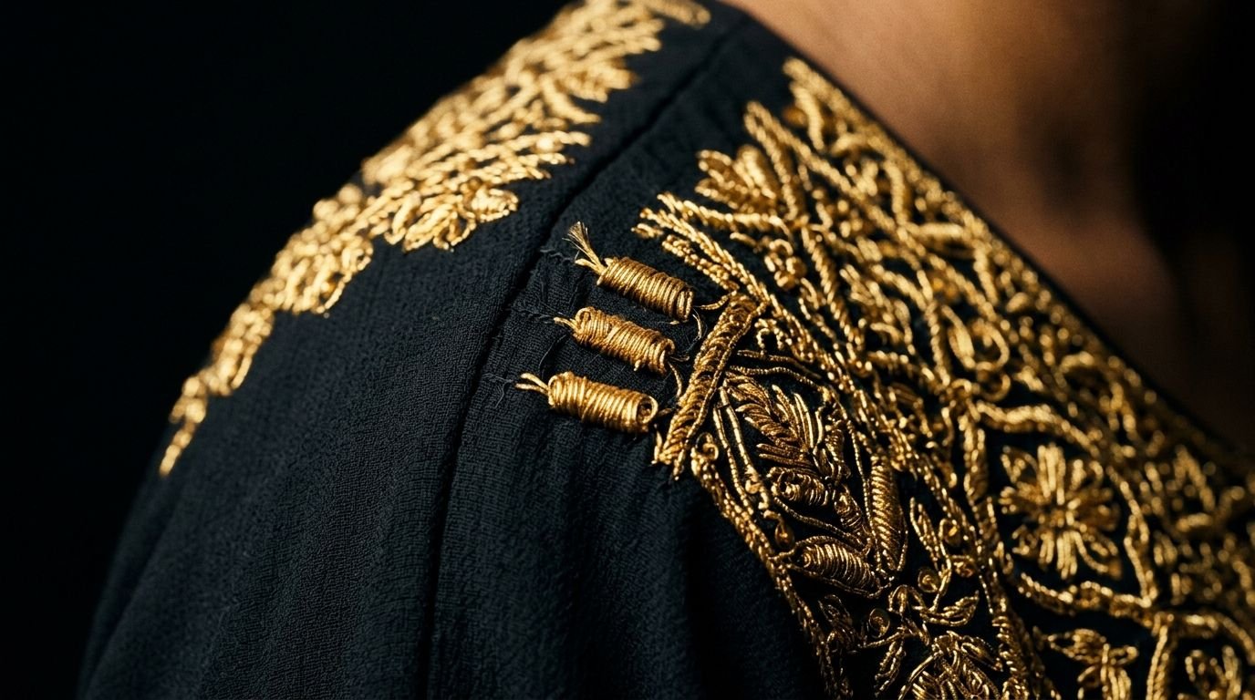 Cinematic AI macro photography of gold thread embroidery on a traditional Emirati bisht, rich detail and contrast