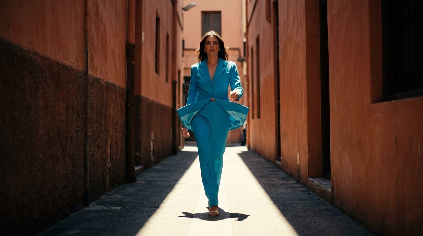 AI-generated fashion film still of a model in a teal suit walking through a sunlit alley, cinematic color grading