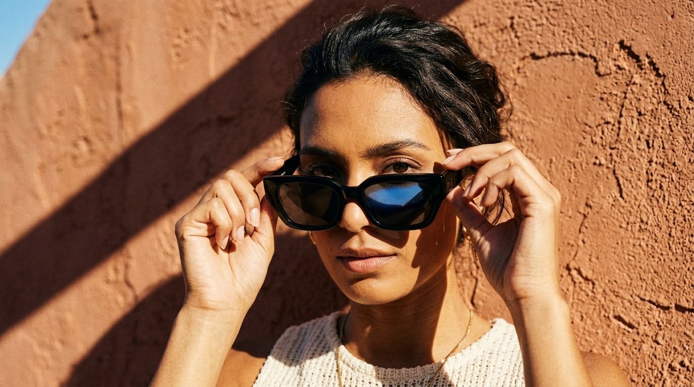 AI fashion photography of a model in designer sunglasses against a desert clay wall, warm cinematic tones