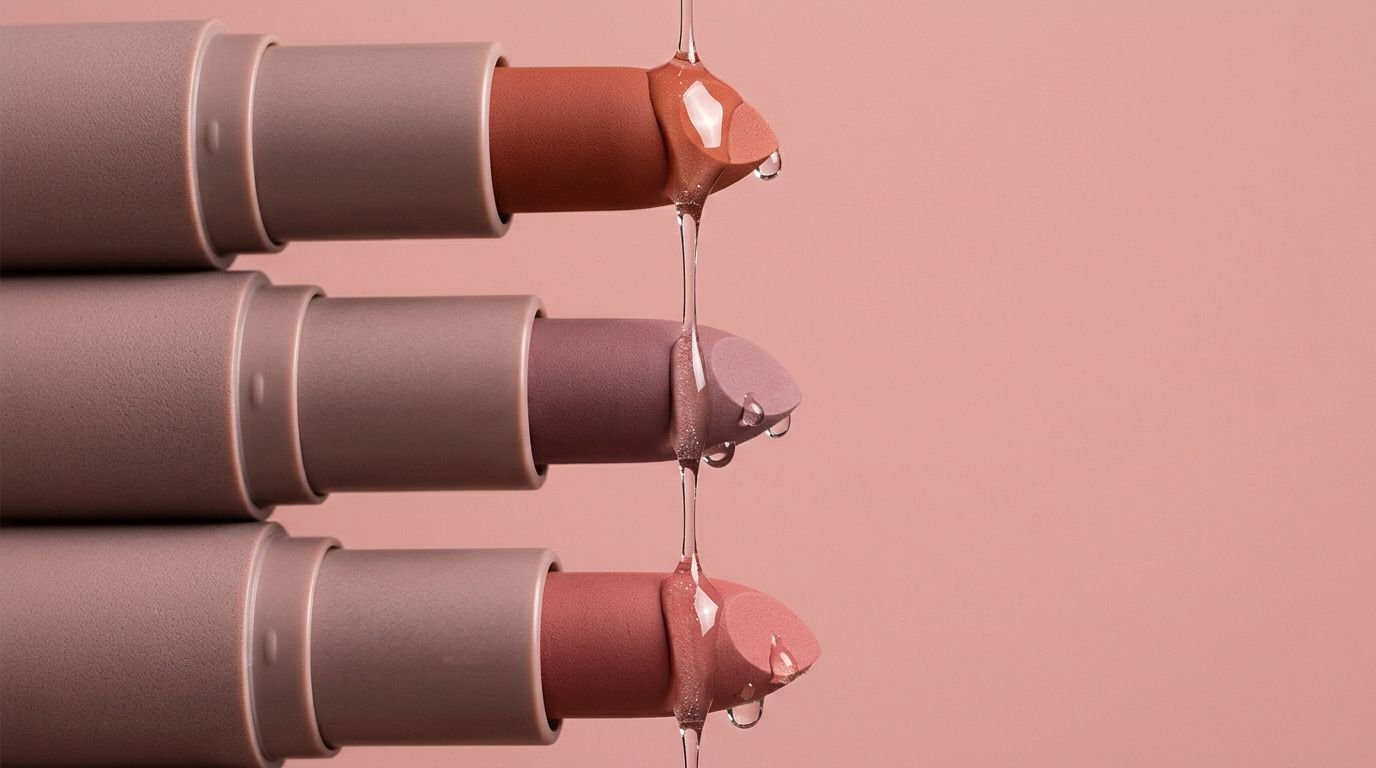 AI-generated cosmetics photography of three lipstick shades with glossy drip detail, studio lighting