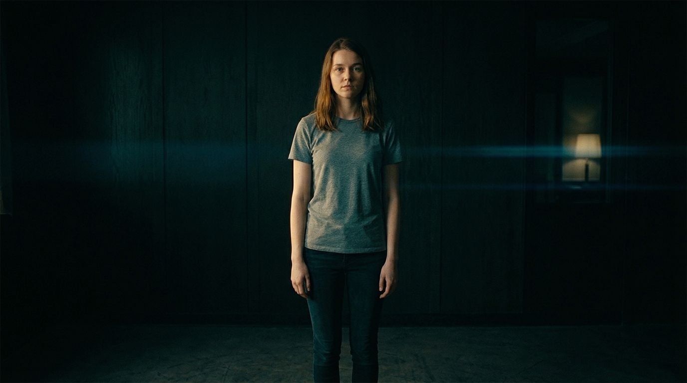 Cinematic AI film still of a woman in a dimly lit room, moody lighting and film color grade