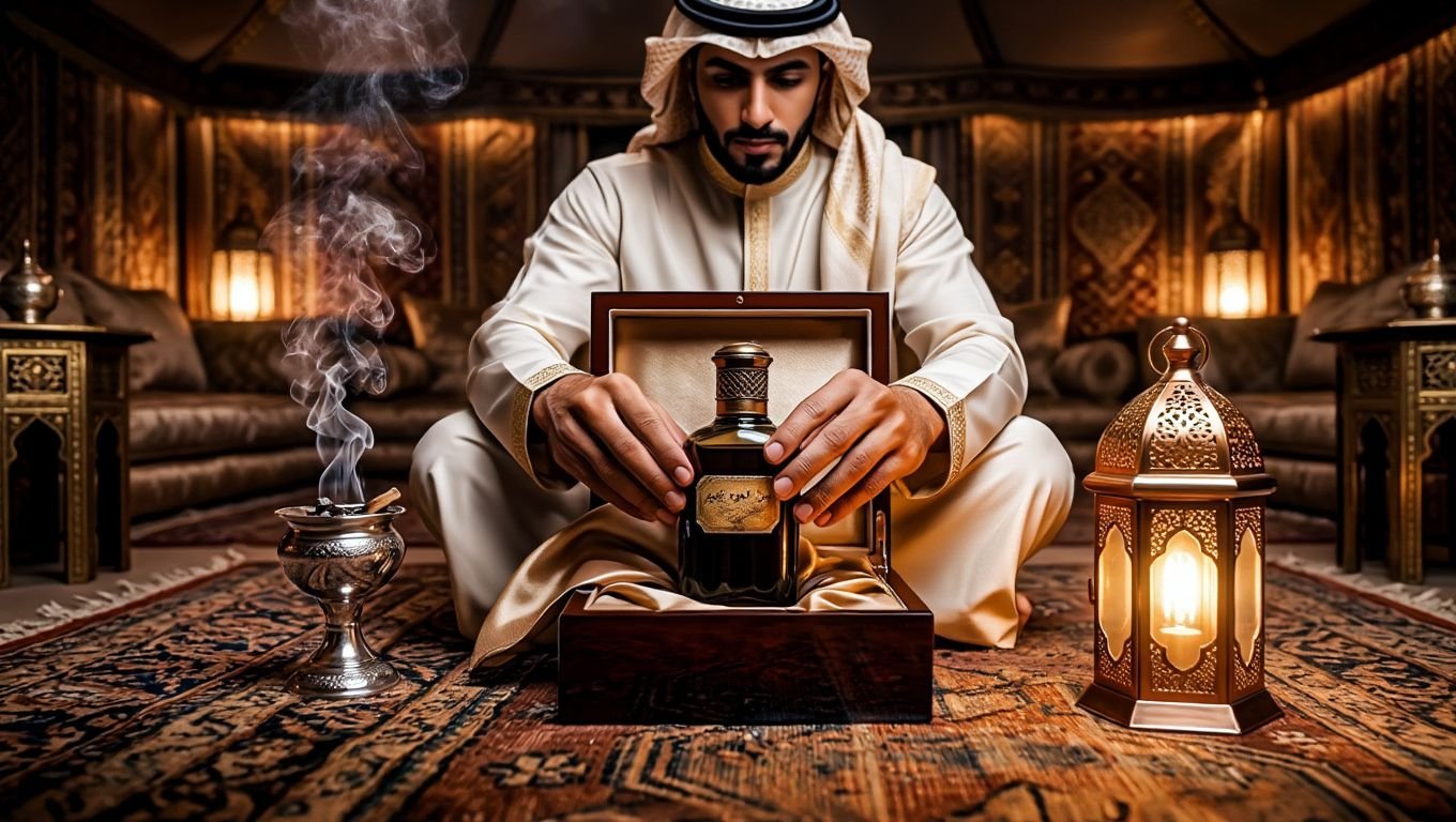 Flat, dimly lit product photo of a luxury Arabic oud perfume gift box before AI enhancement