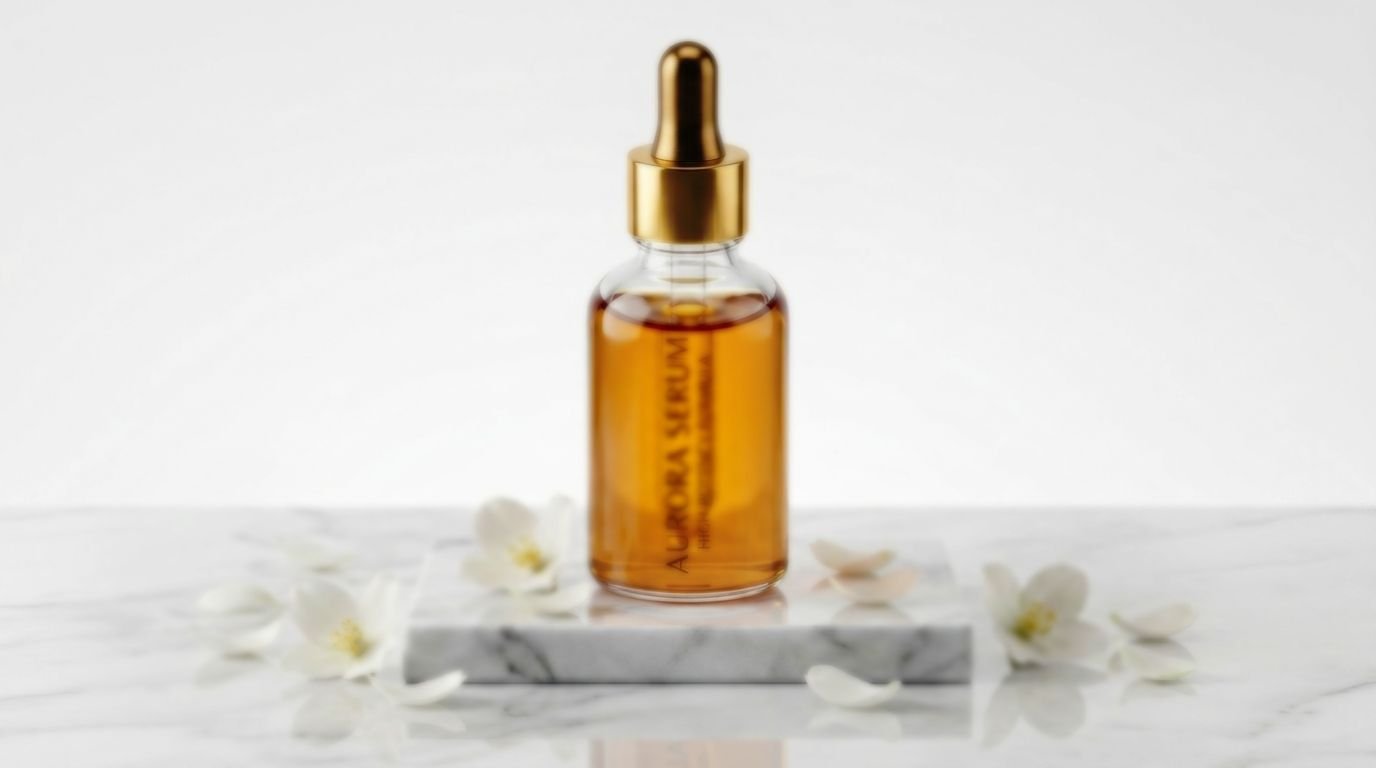Plain, flat-lit product photo of a skincare serum bottle before AI enhancement