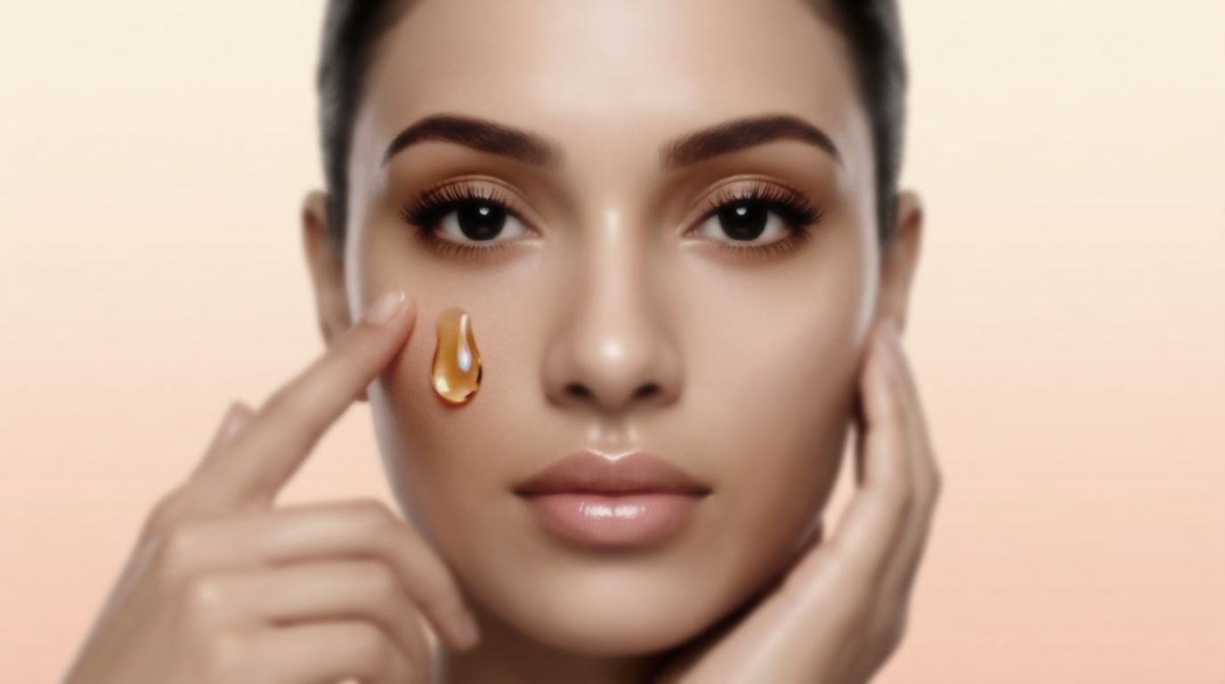Flat, unretouched beauty photo of a model applying face serum