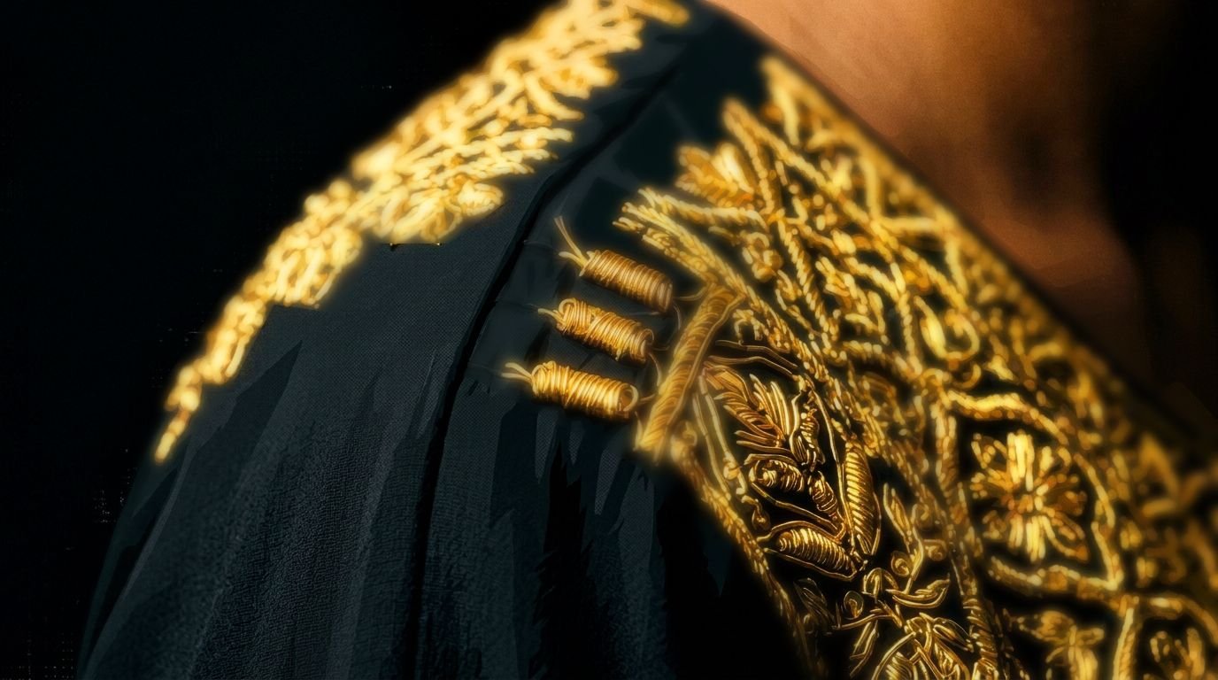 Flat, low-contrast close-up of gold embroidery on traditional Gulf clothing