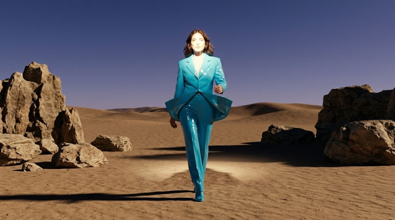 Standard, flat-exposure fashion photo of a model in a teal suit walking down an alley