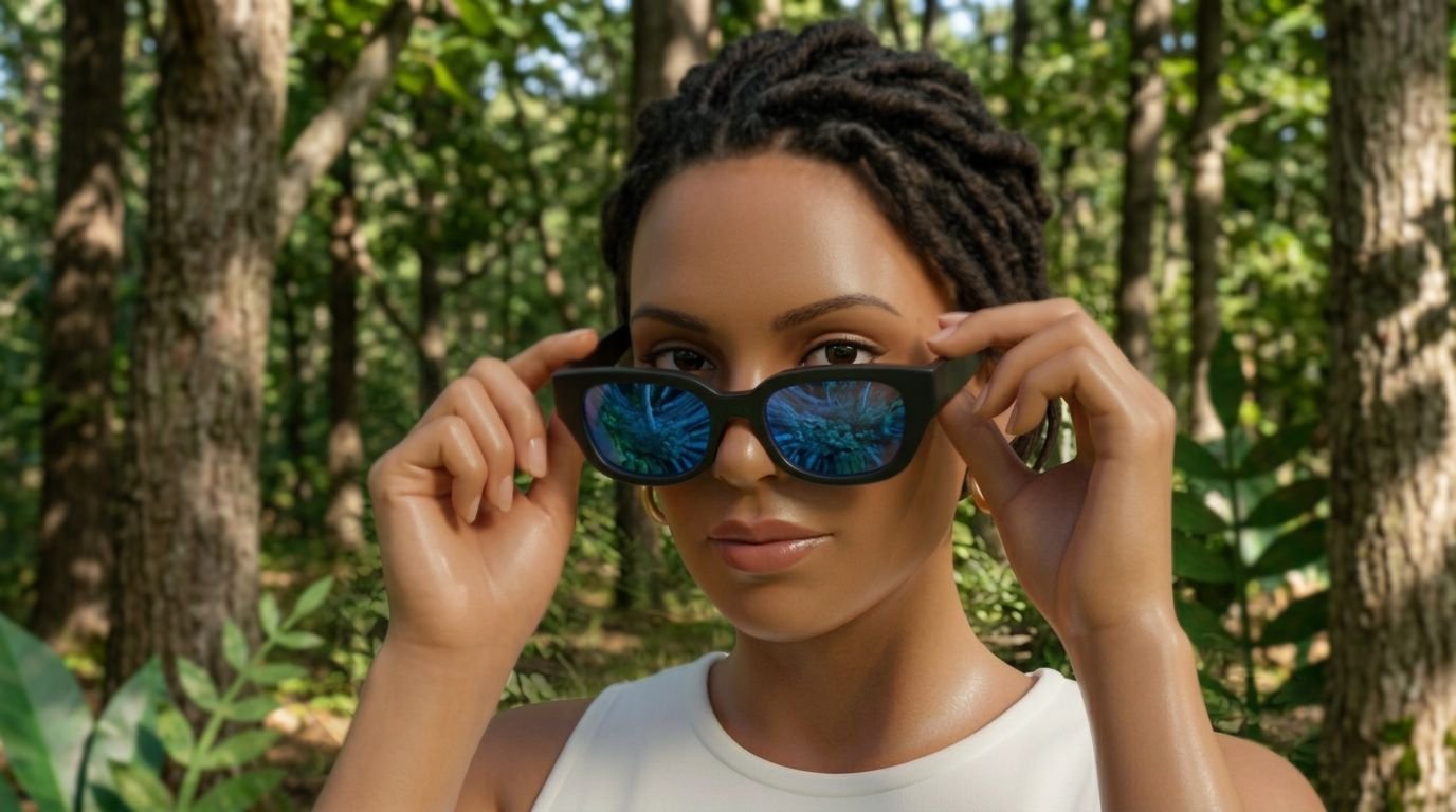 Plain eyewear product photo of a model wearing sunglasses against a wall