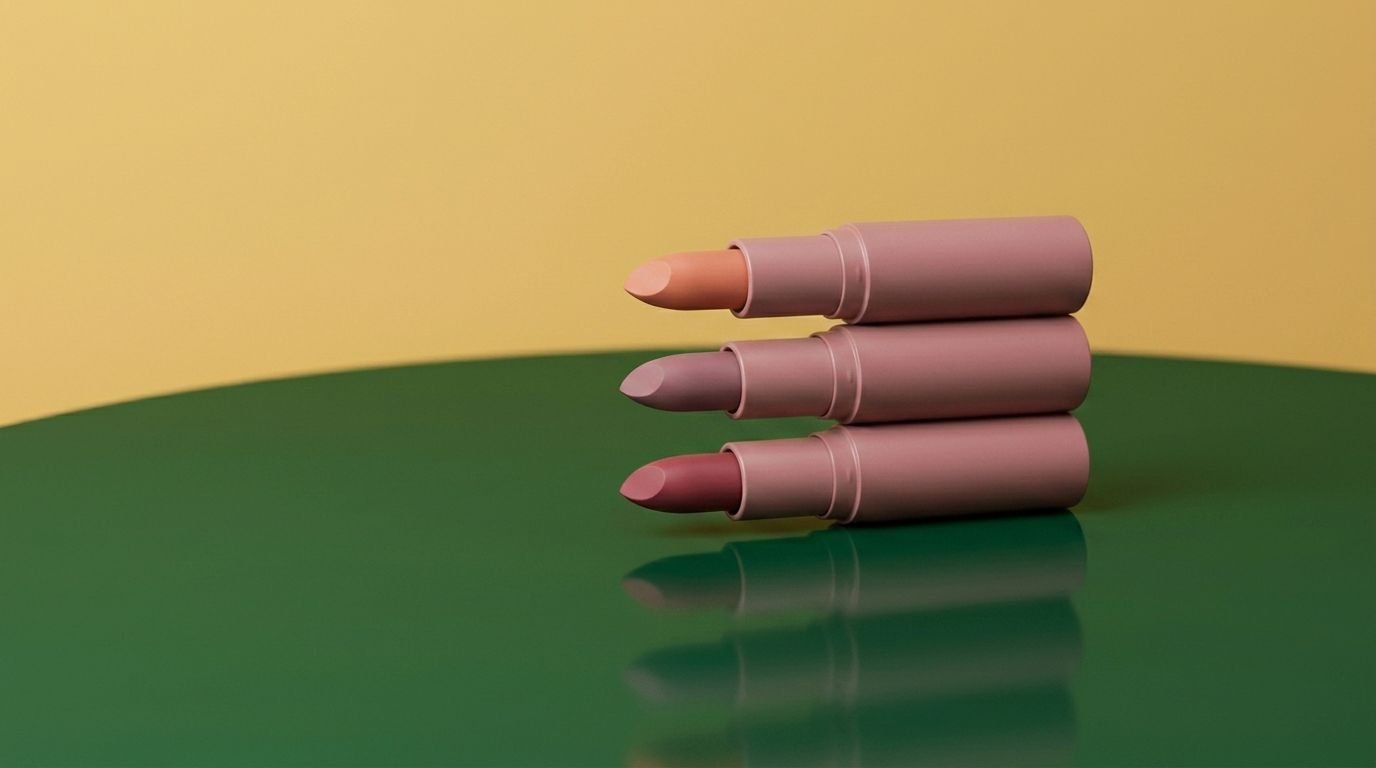 Flat cosmetics product photo of three lipstick shades with no styling