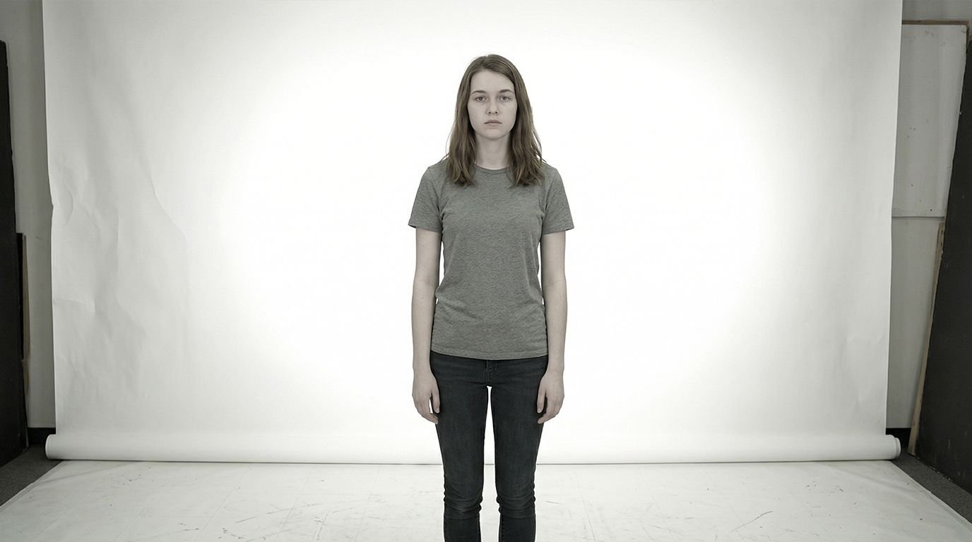 Standard, flat-lit photo of a woman standing in a plain room