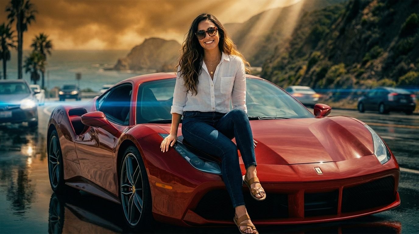Basic lifestyle photo of a woman sitting on a sports car in daylight